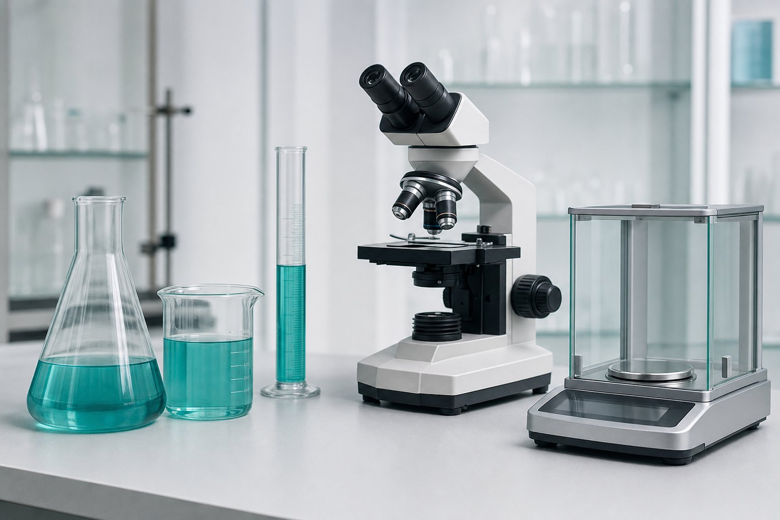 Laboratory equipment on a clean lab bench — flasks and a graduated cylinder with teal reagent, a compound microscope, and an analytical balance